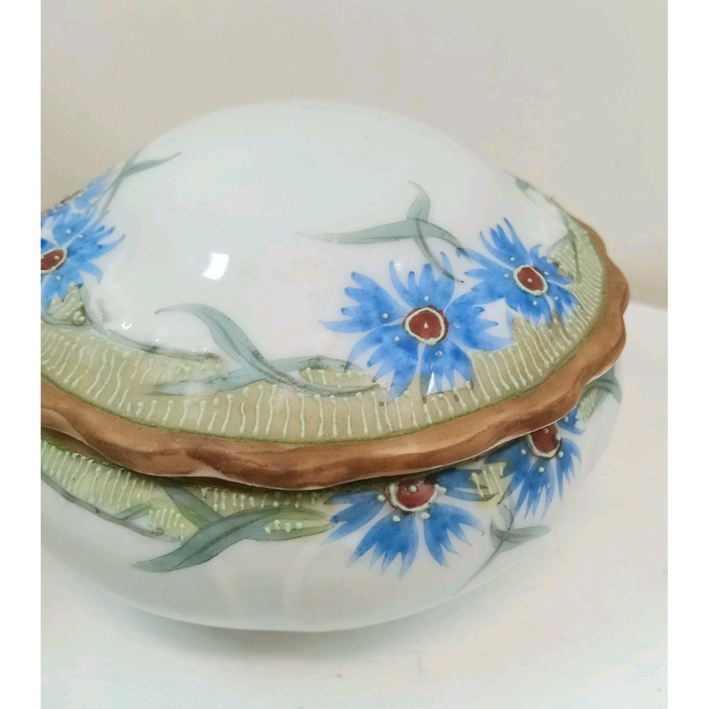 Antique Nippon Trinket Box w/lid Hand Painted Cornflowers Porcelain Early 1900's